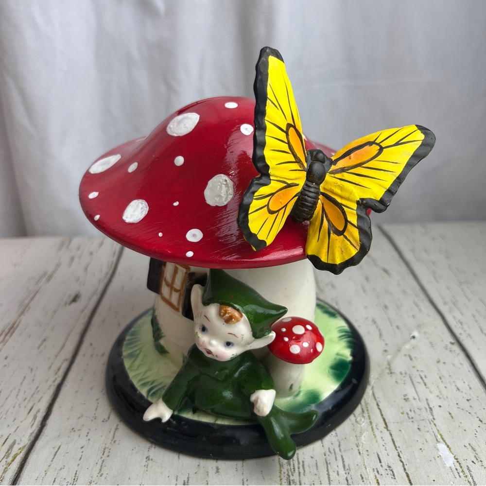 Vtg Lefton Ceramic Mushroom Coin Piggy Bank Butterfly Pixie Elf Made In Japan